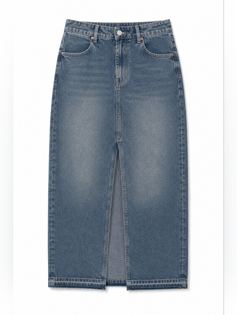 Happily Grey Dusty Blue Denim Maxi Skirt, Raw Hem, Front Slit, 7/27, Coastal